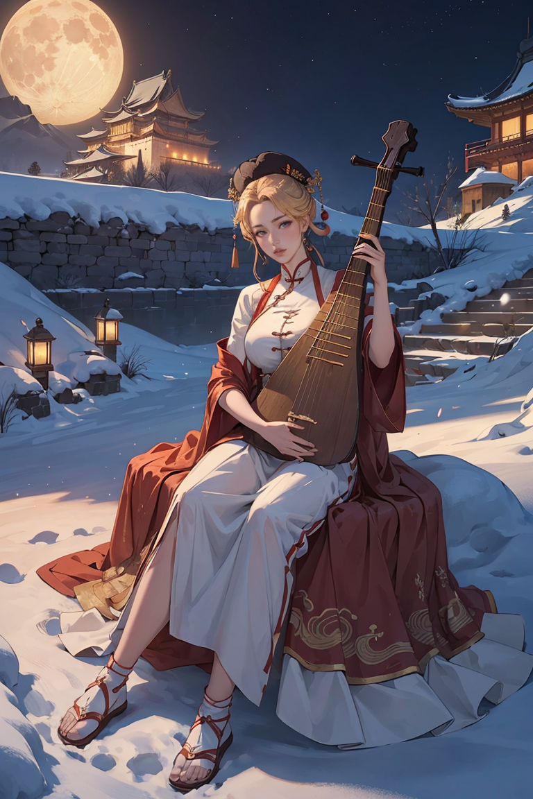 383837-685777689-1girl, (playing_pipa, holding pipa), big breasts, moon,golden hair, Ancient Chinese fortresses background, city walls, desert, s.png